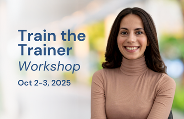 Smiling woman in a beige turtleneck, standing in a blurred office setting. Text reads: "Train the Trainer Workshop, Oct 2–3, 2025." Bright, professional tone.