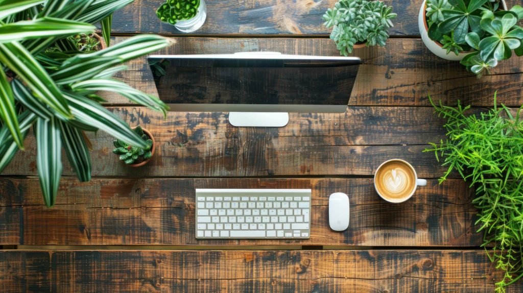 computer desk with plants